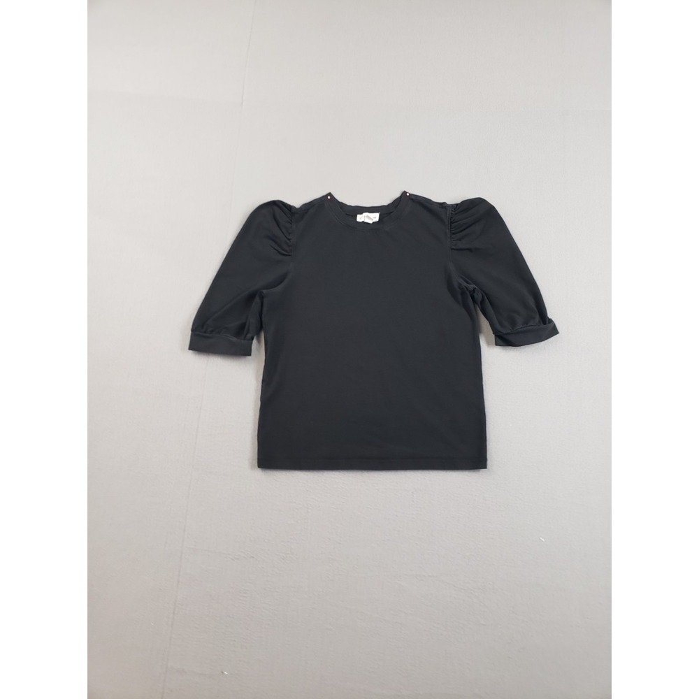The Drop Women Top S Black Ruched Puff Sleeve Crew Neck Knit Pullover Summer Tee